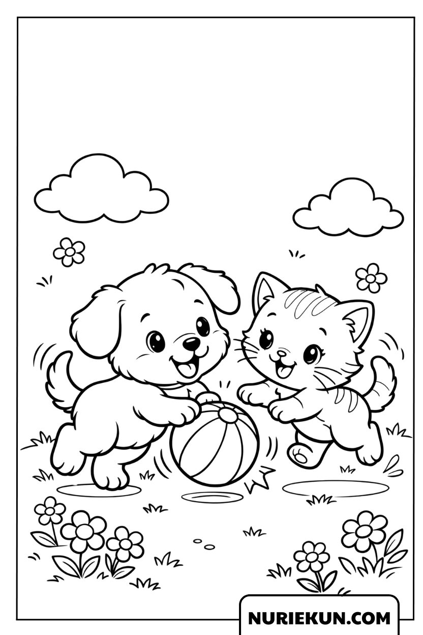 お庭でボール遊びをする子犬と子猫の仲良し塗り絵