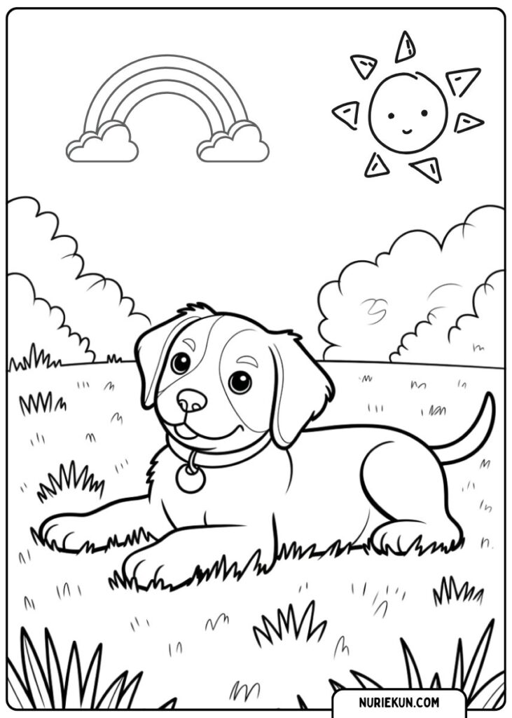 お庭の子犬の塗り絵
