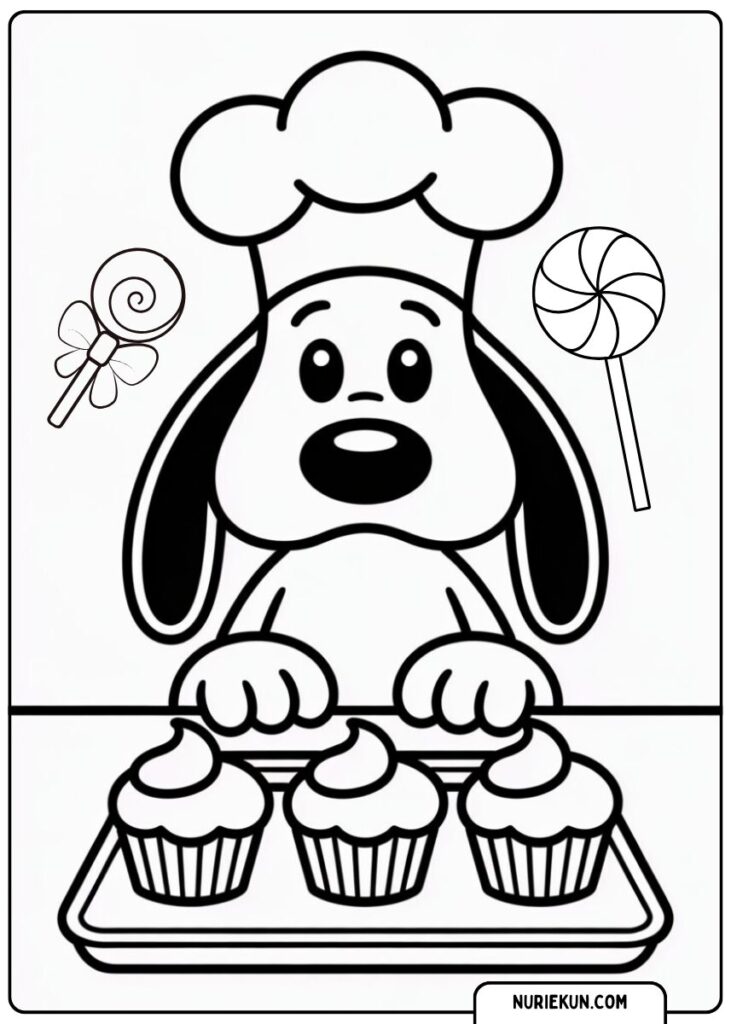 お菓子作りの子犬の塗り絵