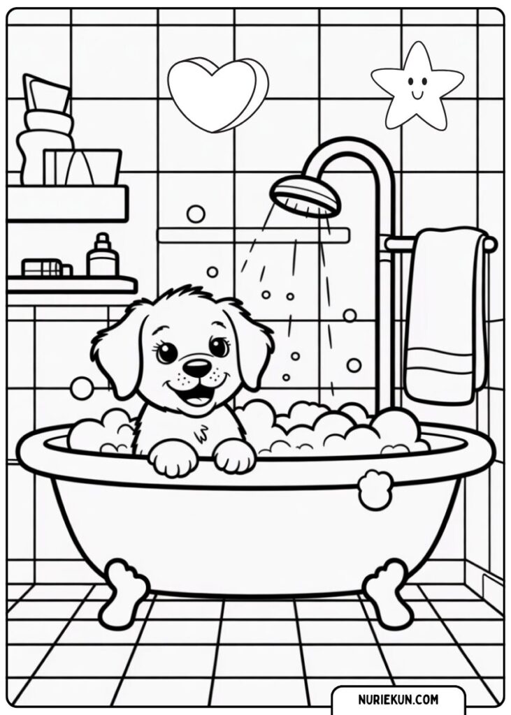 お風呂の子犬の塗り絵