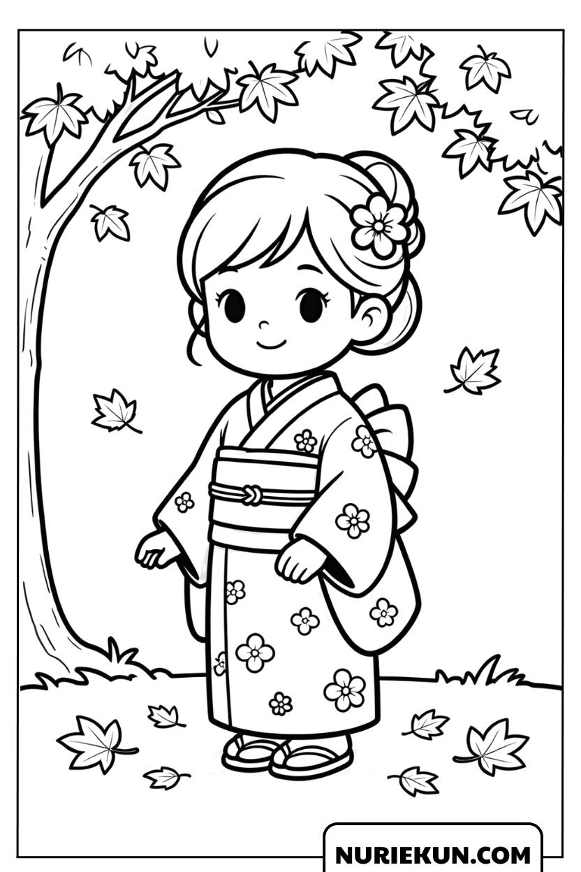 もみじの木の下で着物を着た少女の塗り絵