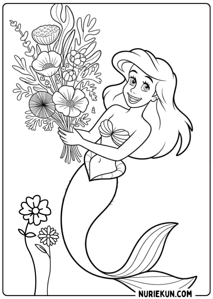 アリエルと海の花束のぬりえ
