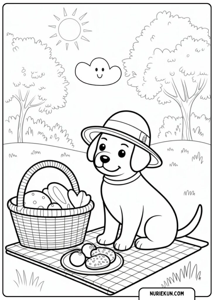キャンプに行く子犬の塗り絵