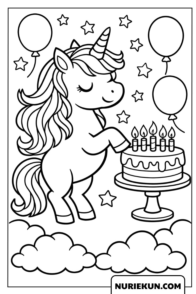 ケーキと風船でお祝いするユニコーンの塗り絵