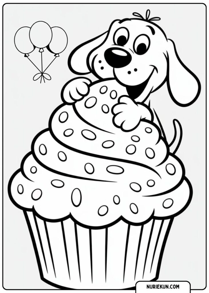 ケーキを食べる子犬の塗り絵