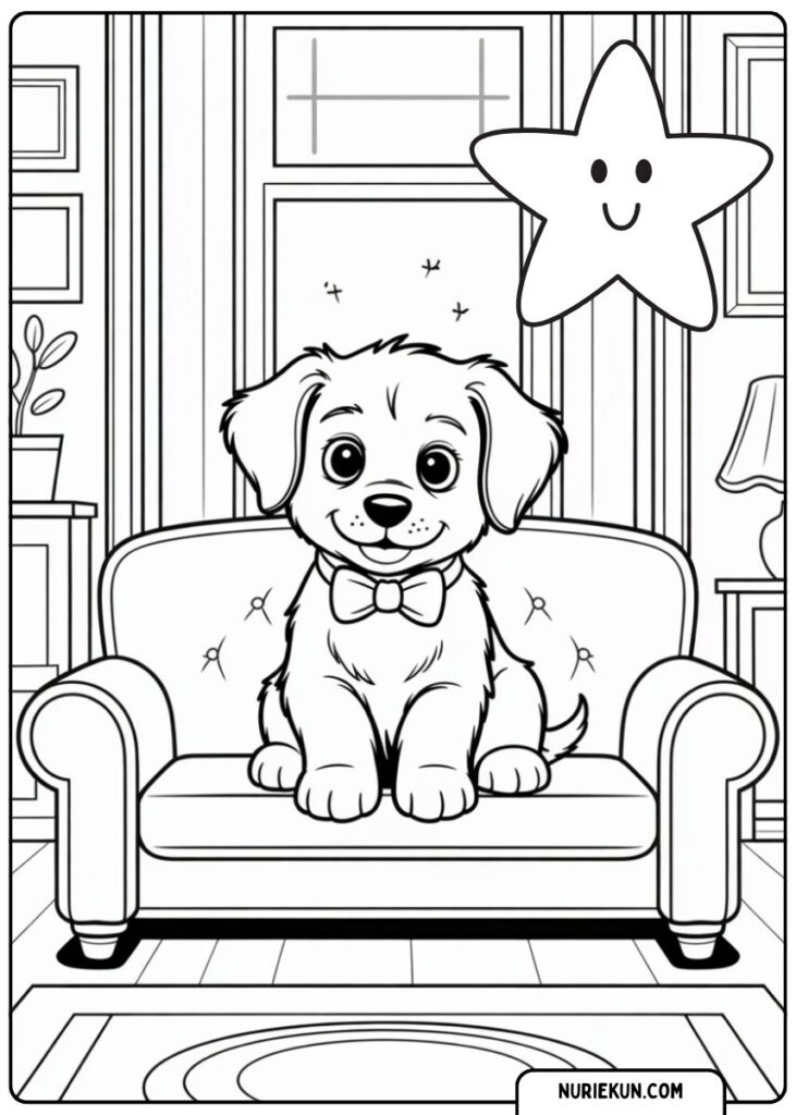 ソファに座る子犬の塗り絵