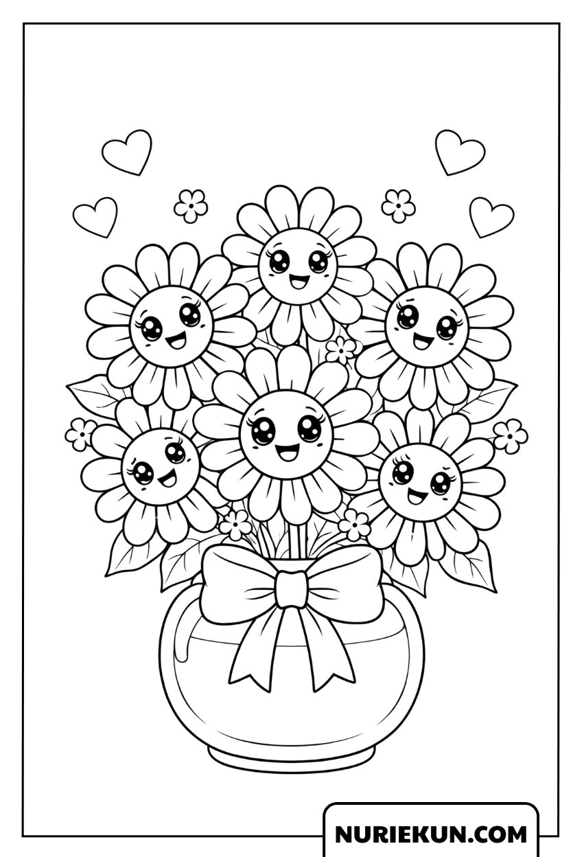 ニコニコ顔のひまわりと丸い花瓶の塗り絵