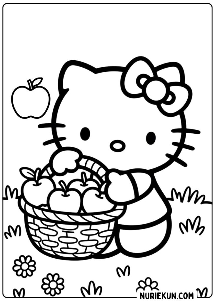 ハローキティのりんごあつめのぬりえ