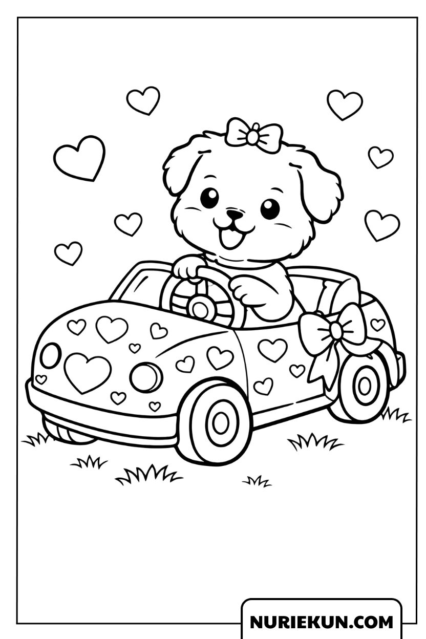 ハートで飾られた車を運転する可愛い子犬の塗り絵