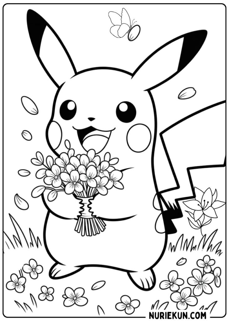 ピカチュウと花びらのぬりえ