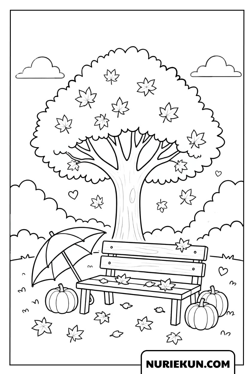 ベンチともみじの大木がある静かな秋の風景の塗り絵