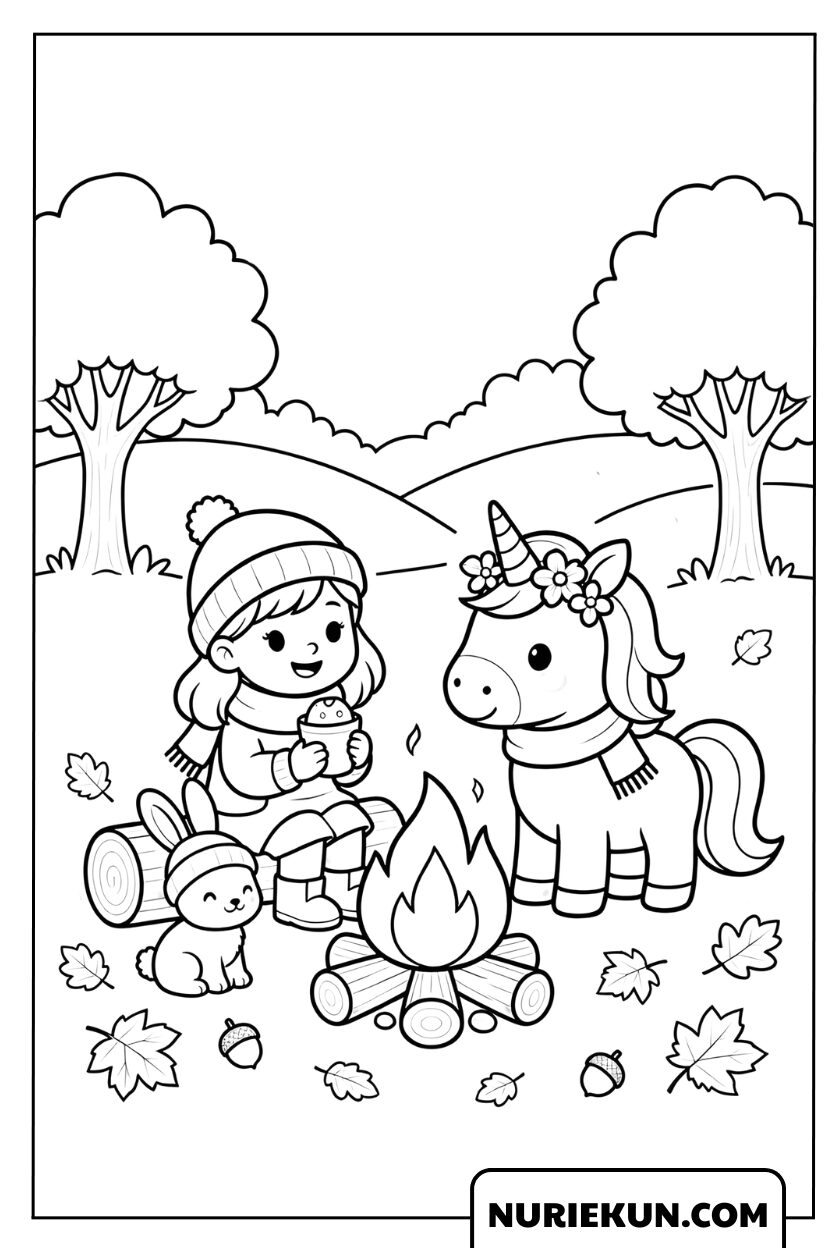 ユニコーンとうさぎと一緒に焚き火で暖まる女の子の塗り絵