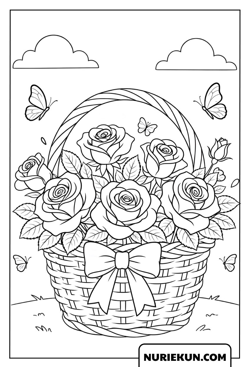 リボンがついた華やかなバラのバスケットの塗り絵