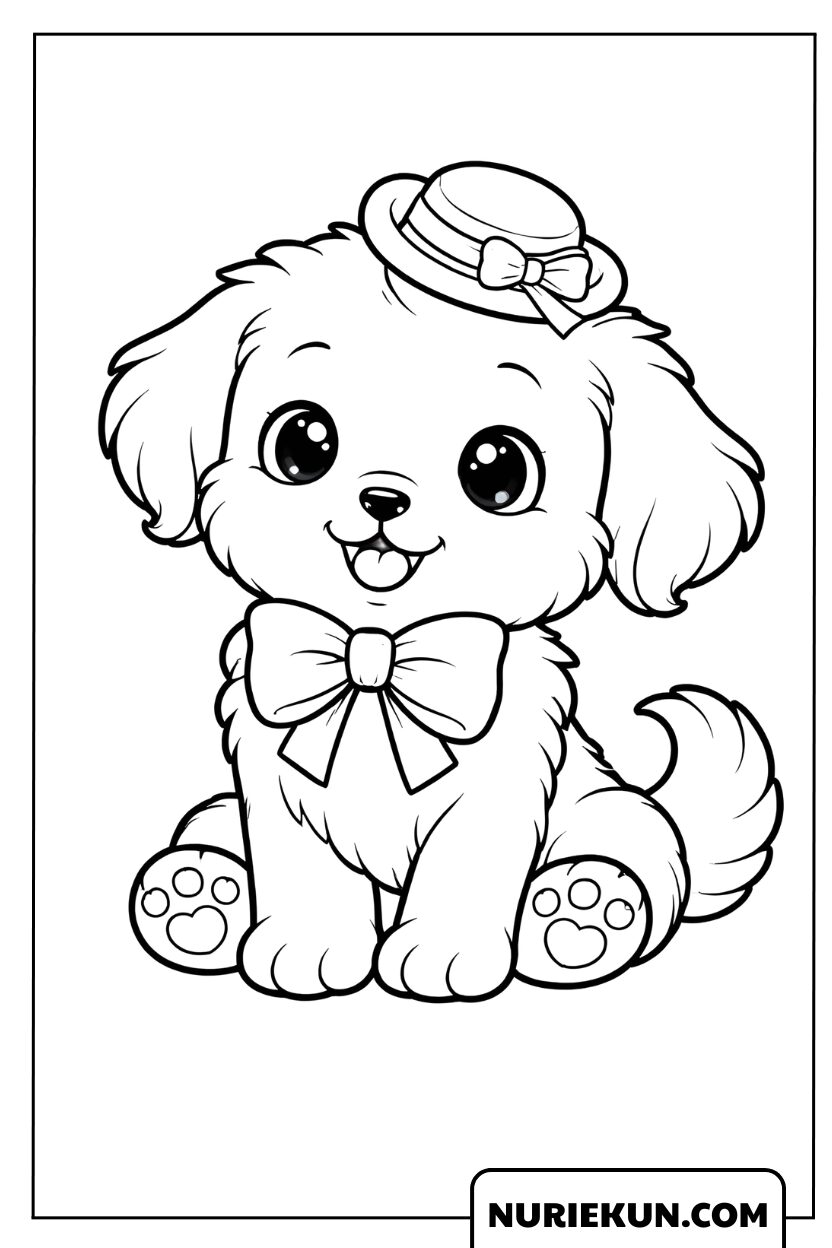 大きなリボンとおしゃれな帽子を身につけた子犬の塗り絵