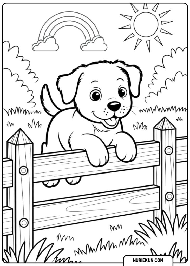 庭で遊ぶ子犬の塗り絵