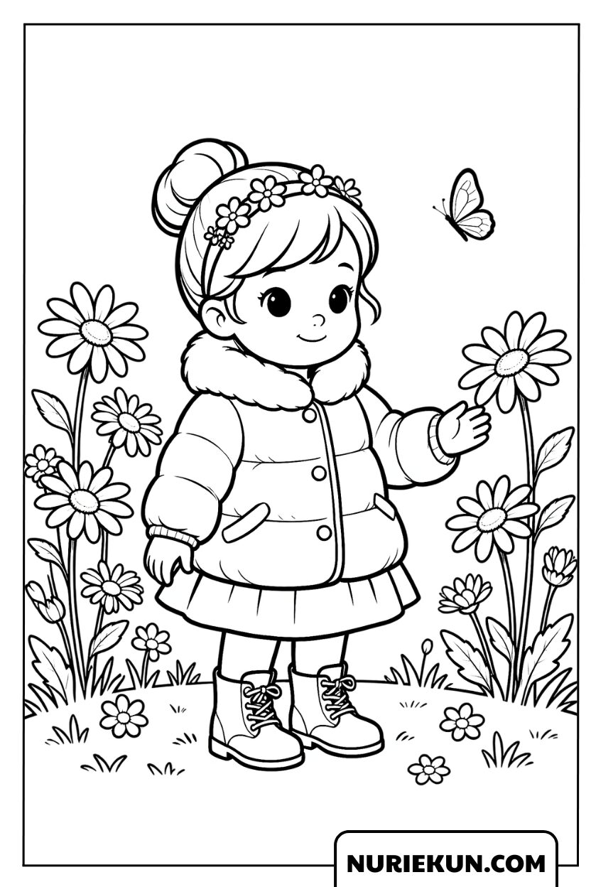 暖かいコートを着て花壇に立つ可愛い女の子の塗り絵