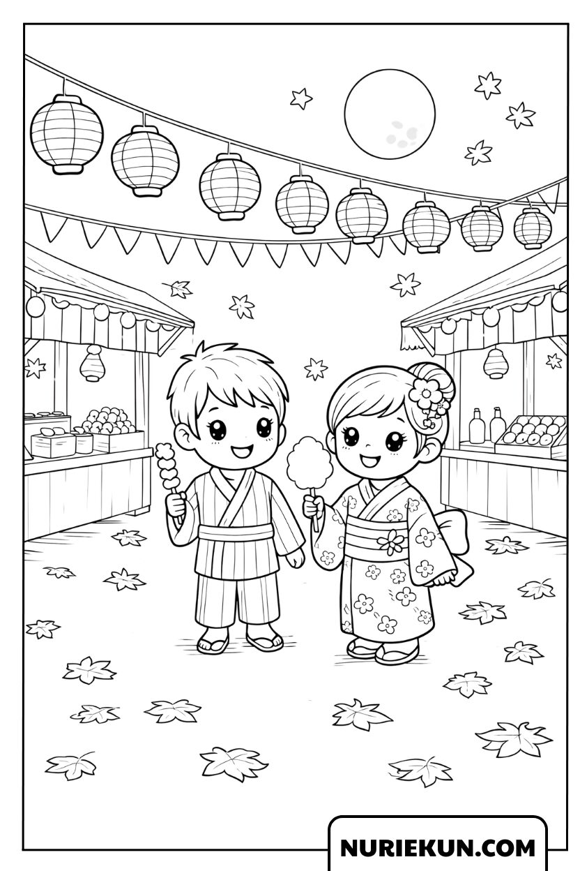 月明かりの下で秋祭りを楽しむ子供たちの塗り絵
