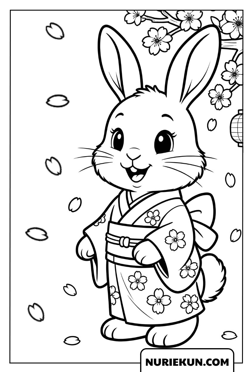 桜の下で着物を着たうさぎの塗り絵
