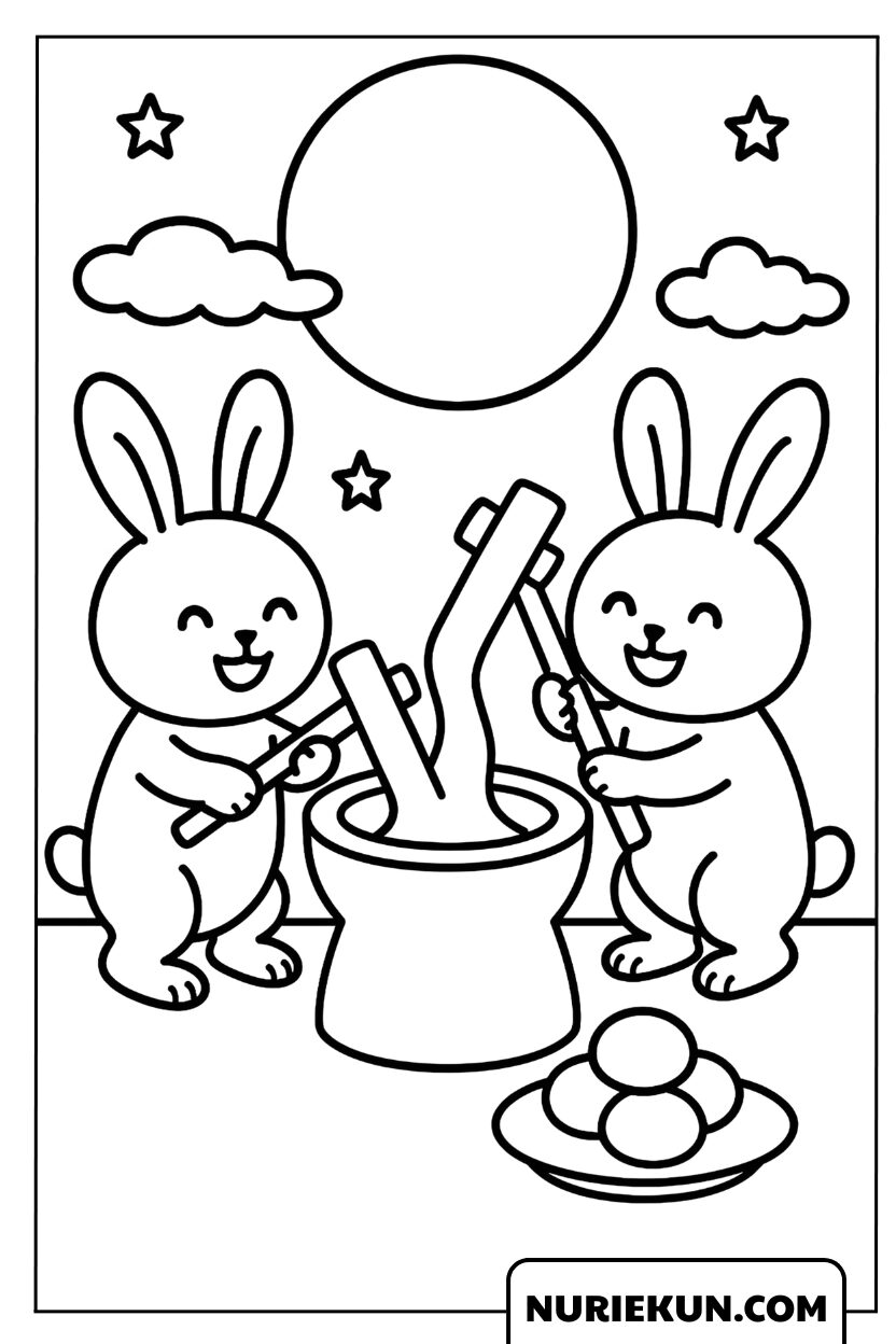 満月の下でお餅つきをする二匹のうさぎの塗り絵