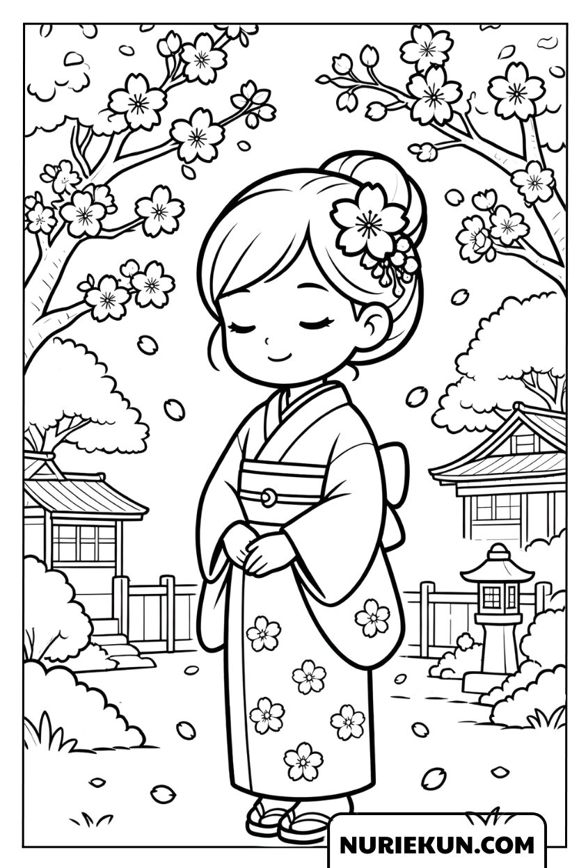 満開の桜の下で着物を着た乙女の塗り絵