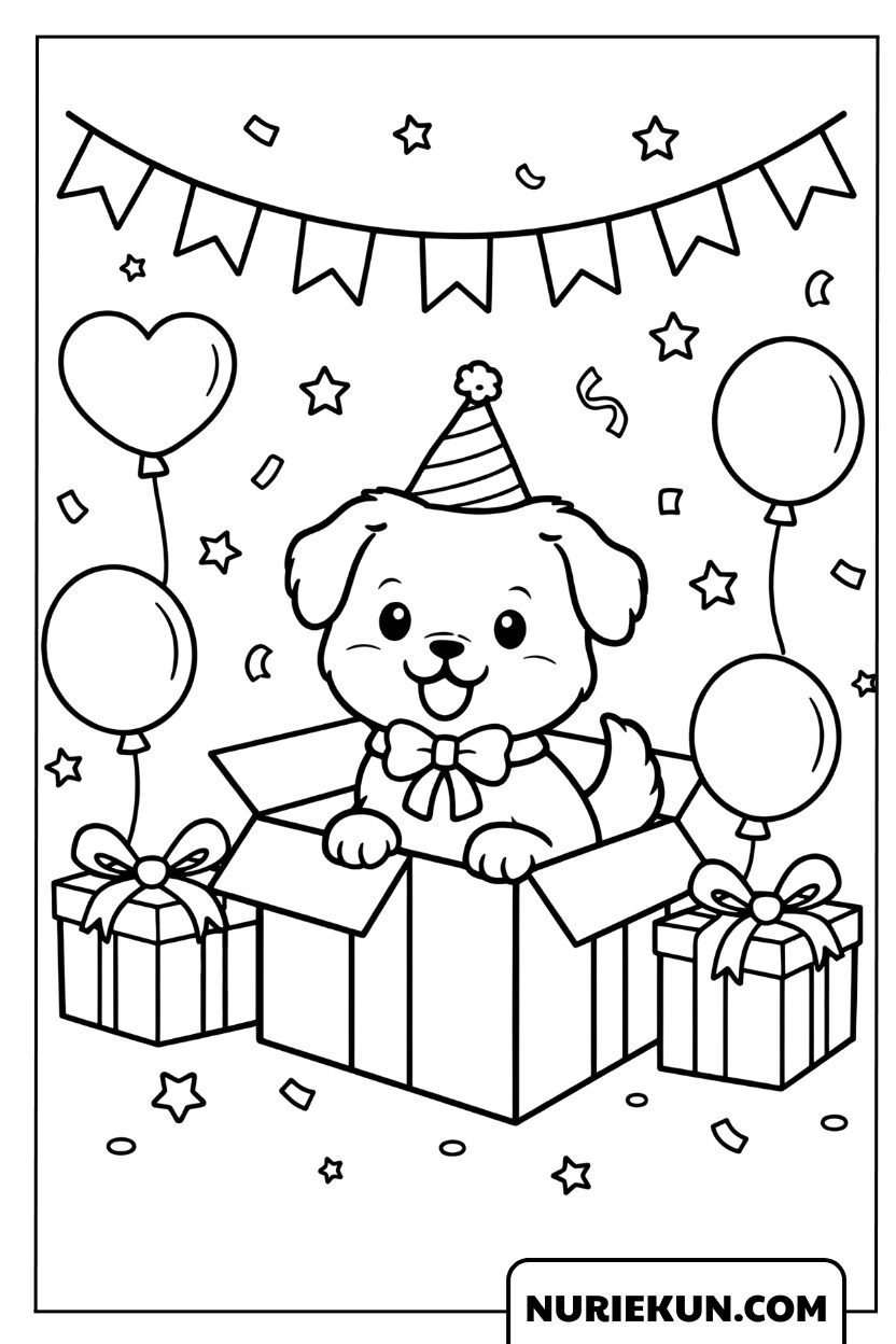 誕生日パーティーのプレゼント箱から顔を出す子犬の塗り絵