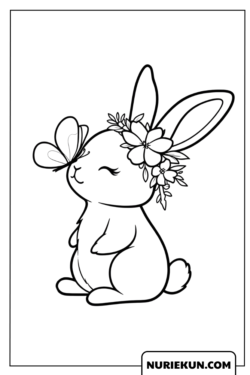 鼻の上に蝶が止まった花冠のうさぎの塗り絵