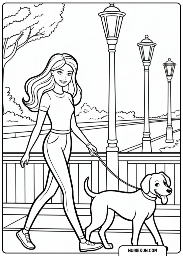 犬と散歩するバービー塗り絵