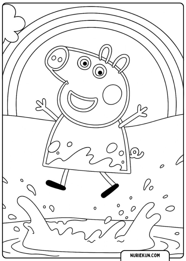 水たまりで飛び跳ねるペッパのぬりえ