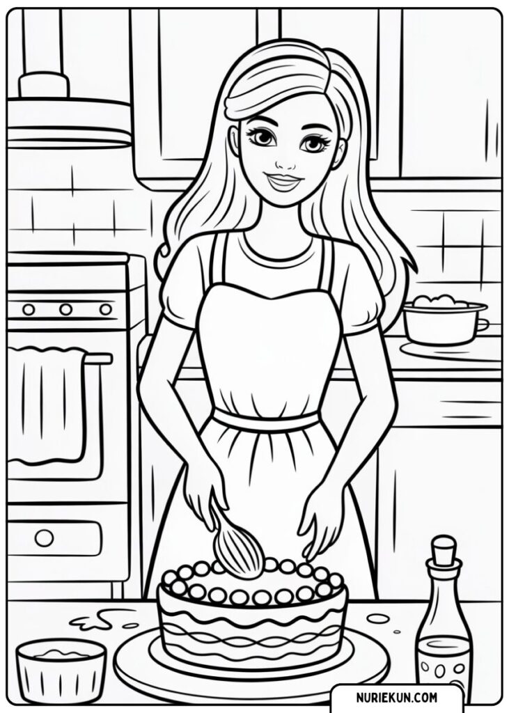 ケーキを作るバービー塗り絵