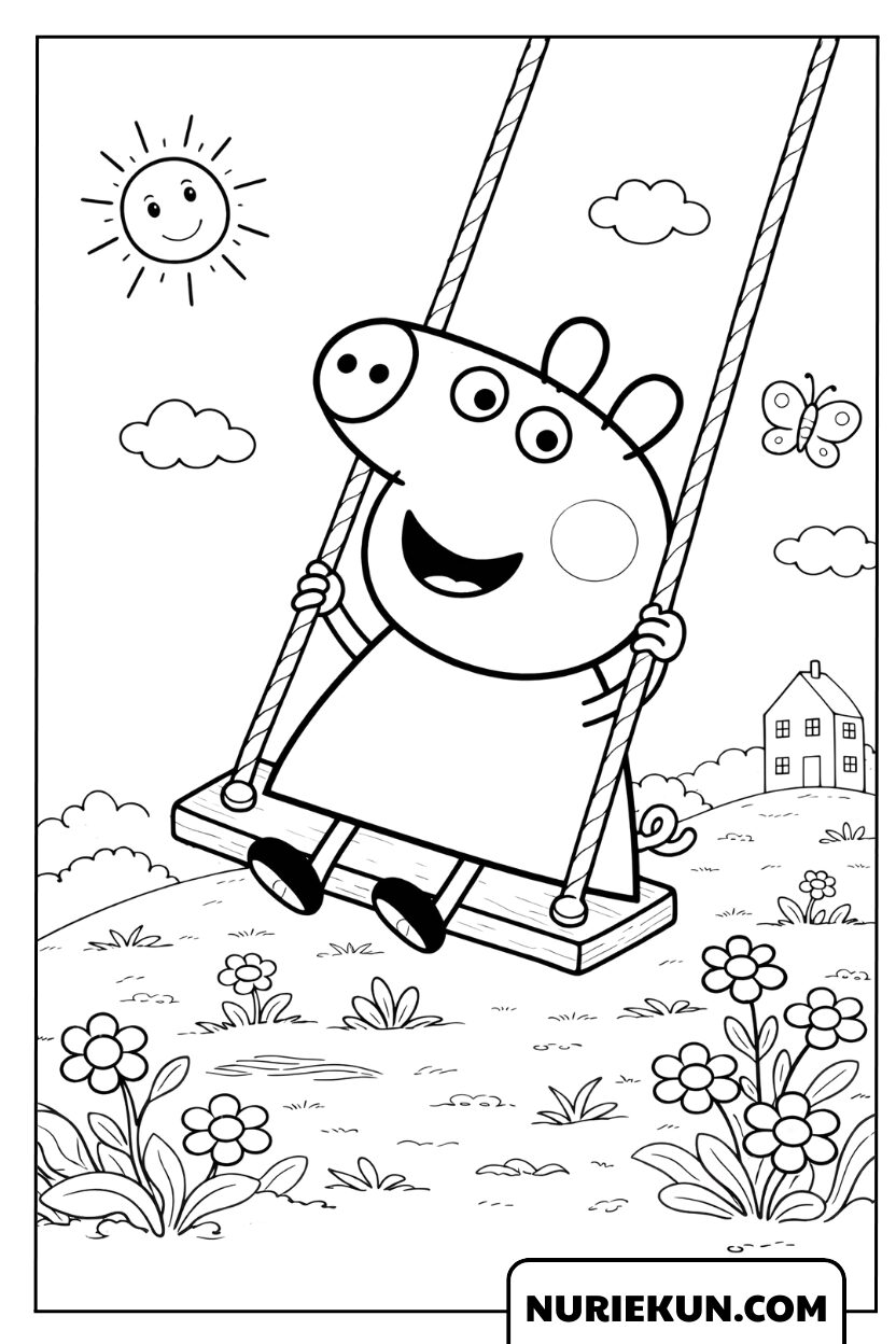 お日様の下でブランコを楽しむペッパピッグの塗り絵