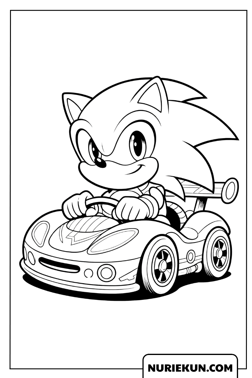 かっこいいレーシングカーを運転するソニックの塗り絵