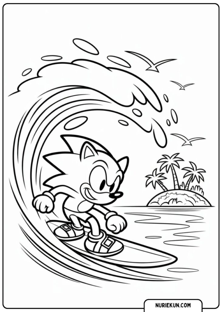 ソニックの塗り絵 サーフィンで波乗り