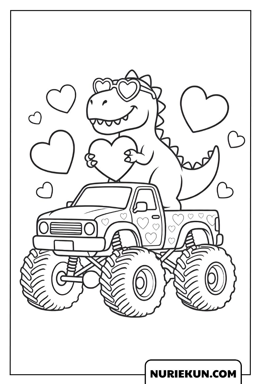 ハートのサングラスをかけてモンスタートラックに乗る恐竜の塗り絵