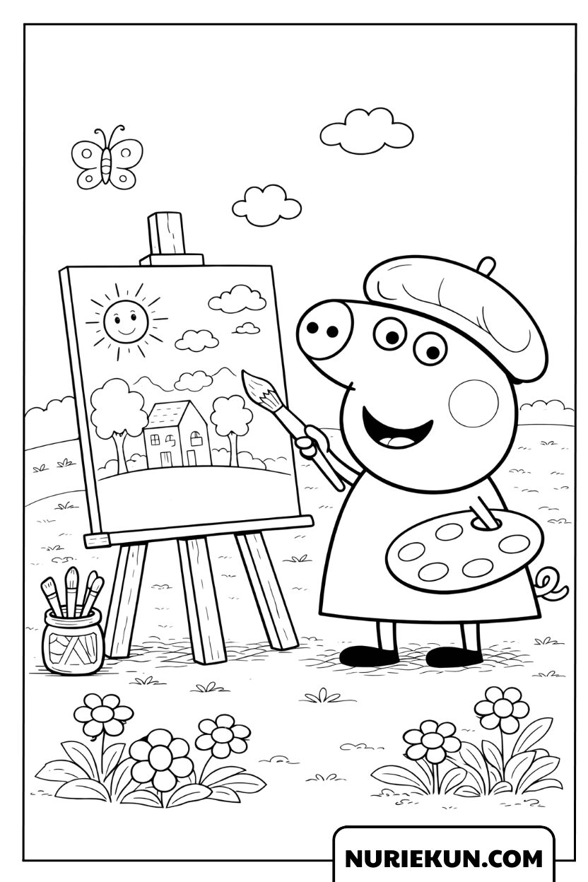 ベレー帽をかぶってお絵かきをする画家ペッパピッグの塗り絵