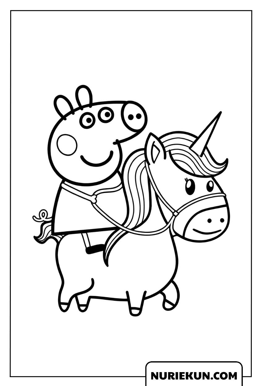 ユニコーンの背中に乗って冒険に出るペッパピッグの塗り絵