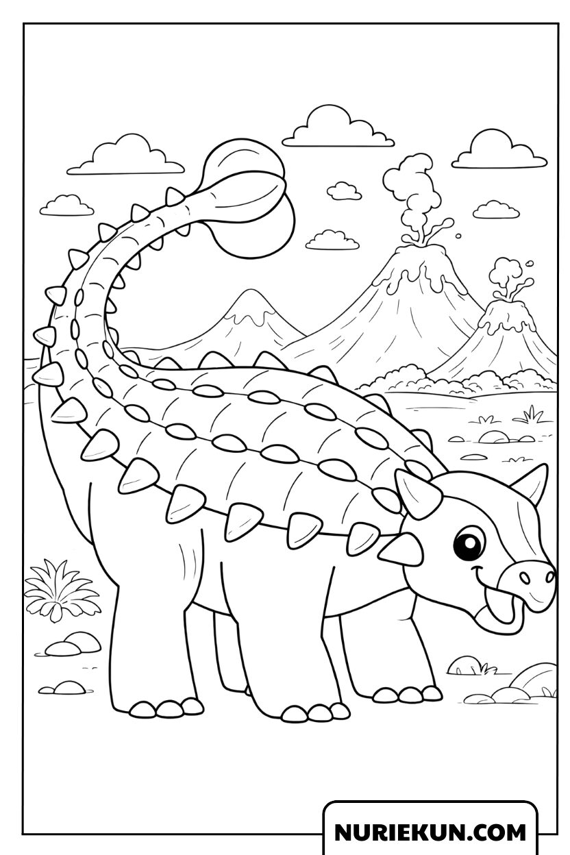 噴火する火山のそばに立つアンキロサウルスの塗り絵