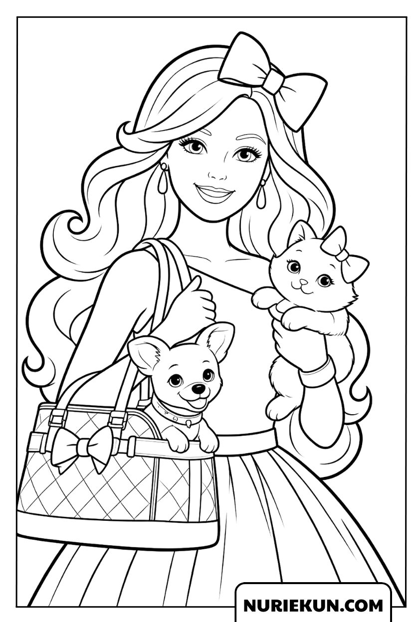 子猫を抱き、バッグに入った子犬とお出かけするバービーの塗り絵