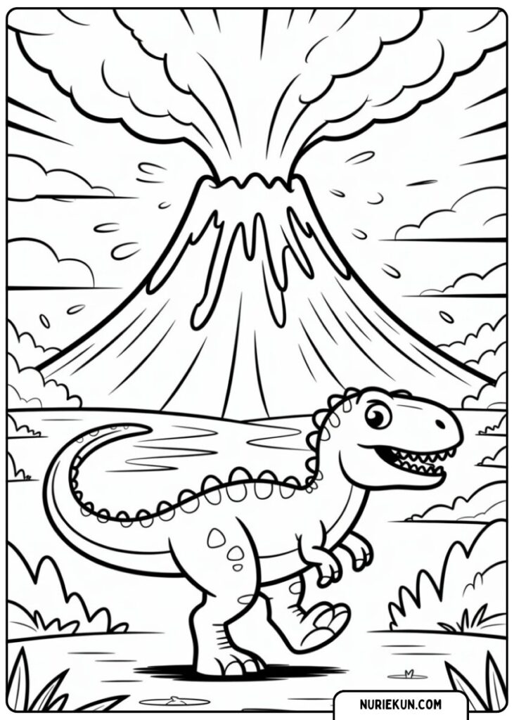 火山と恐竜 塗り絵 ダイナミックなシーン