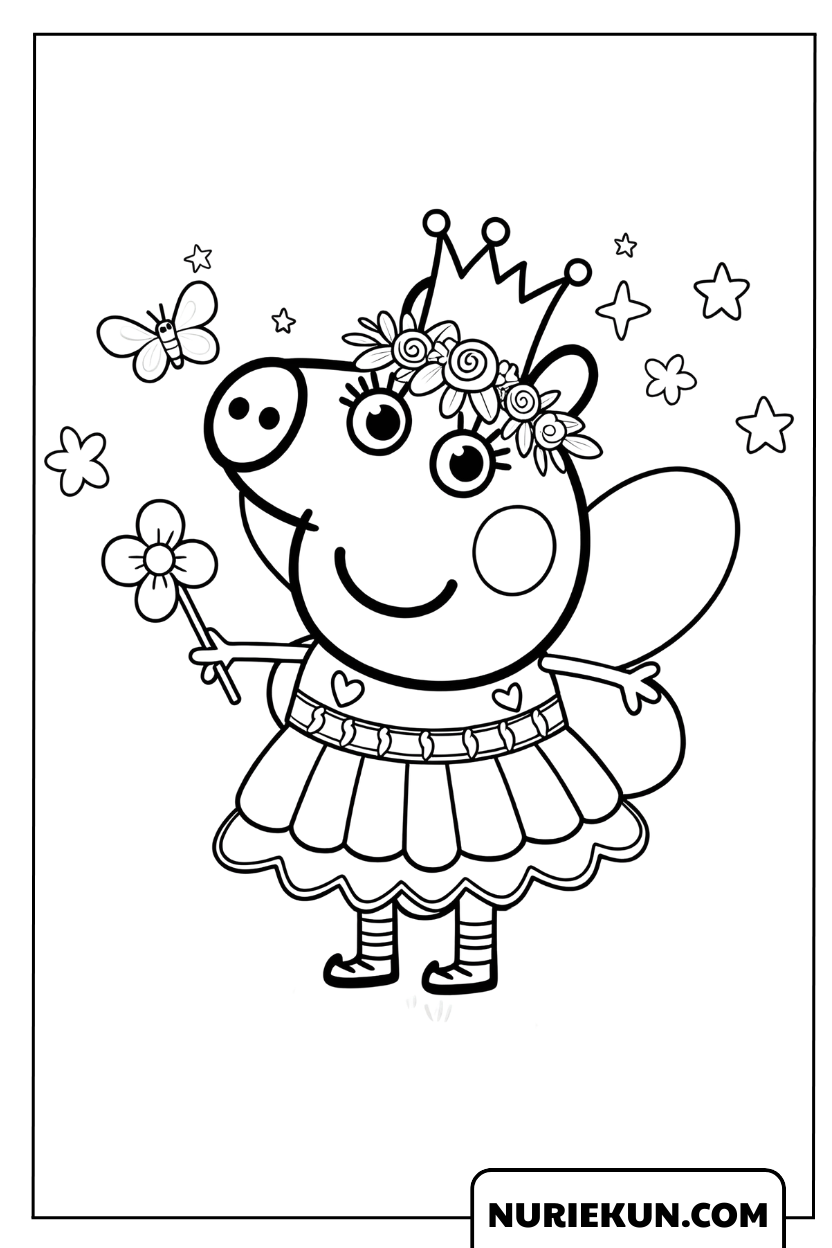 花冠と羽をつけたプリンセスペッパピッグの塗り絵