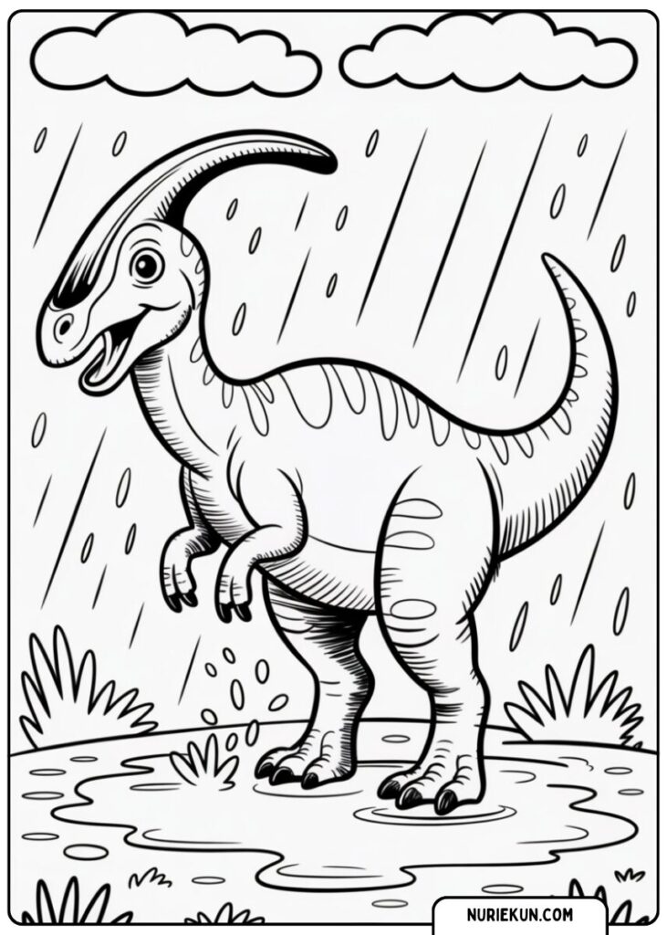 雨の中の恐竜 塗り絵 子供向け