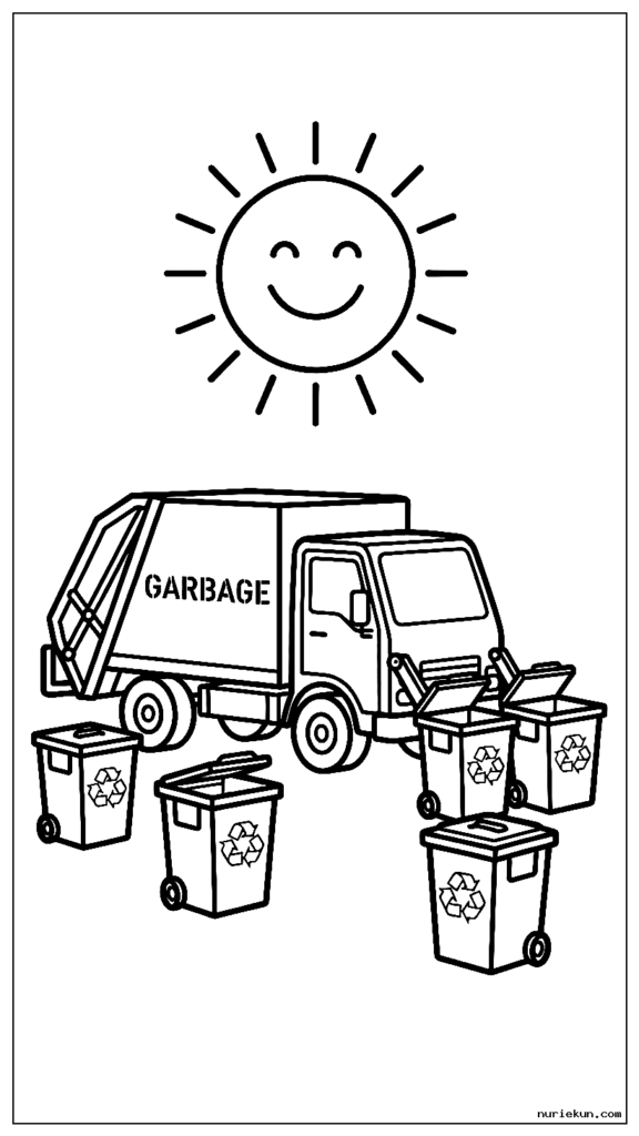 Happy garbage truck collecting recycling bins with a smiling sun in the background