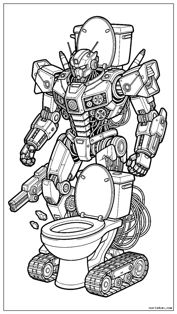 Skibidi トイレのキャラクターが、複雑な機械的ディテールを備えた戦闘ロボットに変身