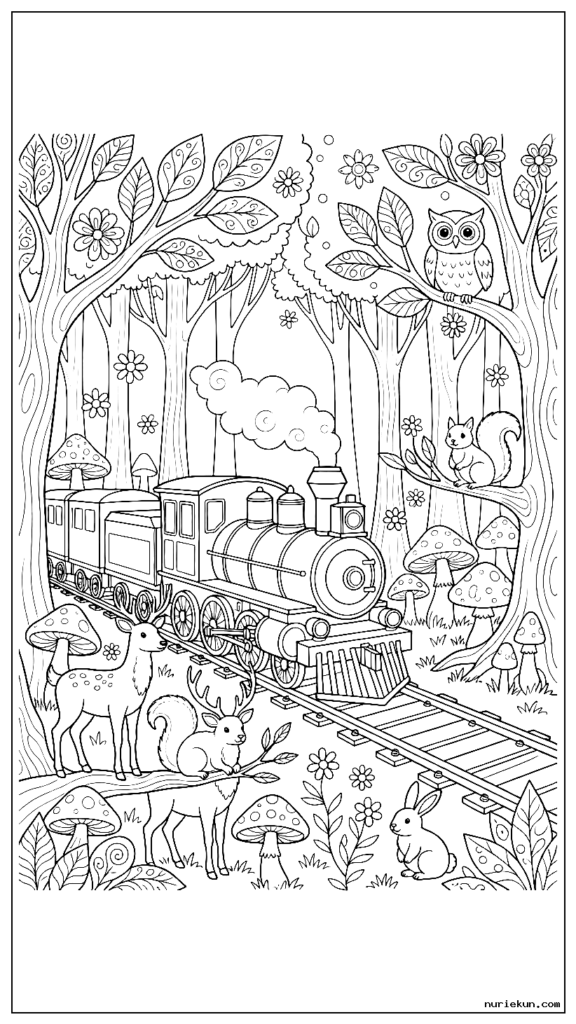 Steam locomotive chugging through a magical forest with woodland animals watching