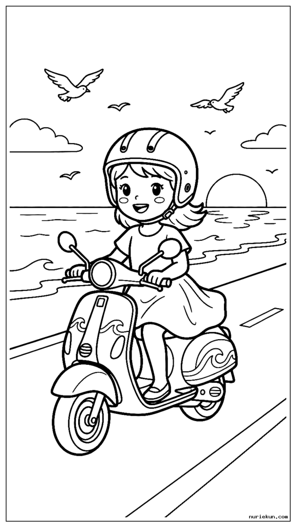 「夕暮れ時に海辺の道をベスパ風のスクーターに乗るかわいい女の子