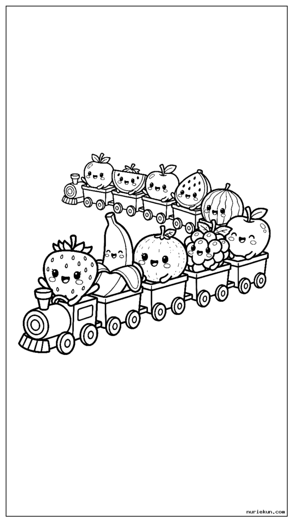おもちゃの電車に一緒に乗っているちびフルーツのキャラクター