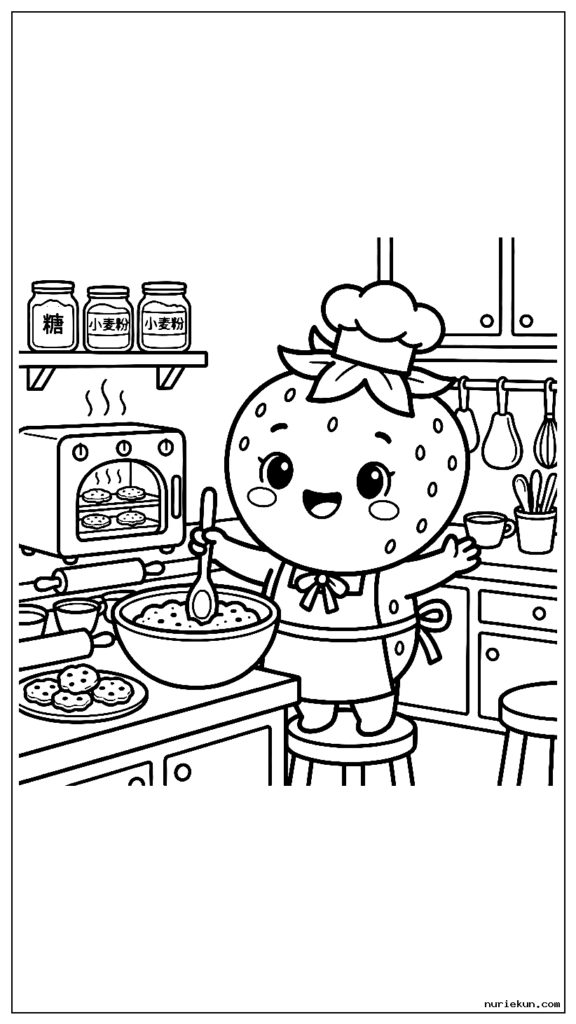 かわいいキッチンでクッキーを焼く陽気なイチゴのキャラクター