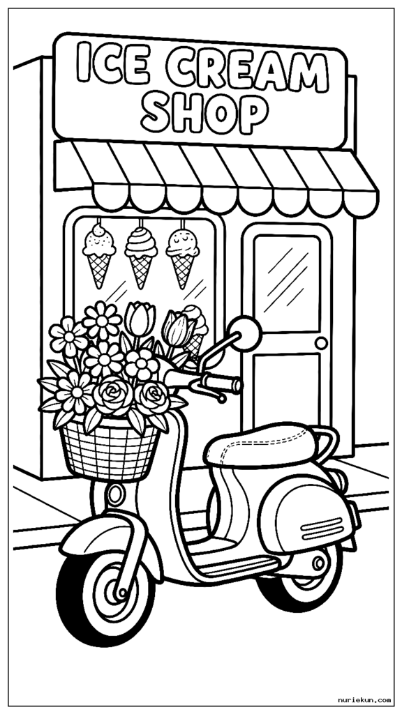 かわいい漫画のスクーターが花でいっぱいの小さなバスケットを持つアイスクリーム店の前に駐車