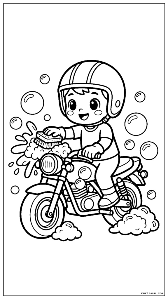 どこにでもシャボン玉で小さな自転車を洗う愛らしい漫画のバイクライダー
