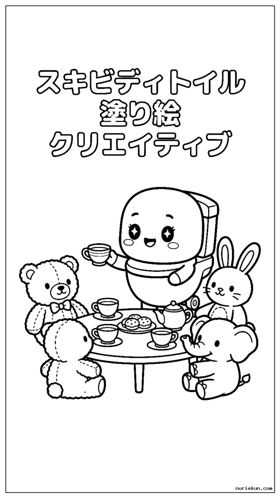 ぬいぐるみとお茶会をするかわいいちびスキビディトイレのキャラクター