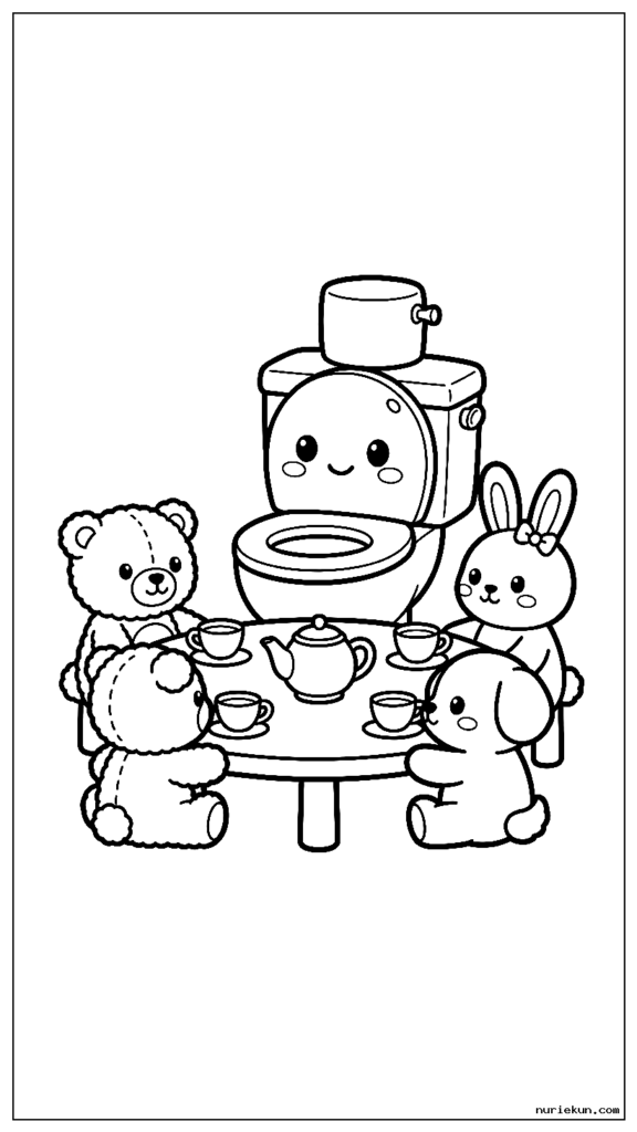 ぬいぐるみとお茶会をするかわいいスキビディ・トイレのキャラクター